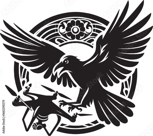 Intricate Black and White Illustration of a Mythical Figure with Sword and Ornate Frame