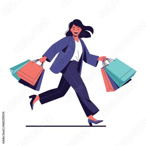 Shopping Spree Joy: A happy shopper strides forward, exuding delight while carrying a vibrant collection of shopping bags, encapsulating the essence of a fun-filled retail therapy excursion. 
