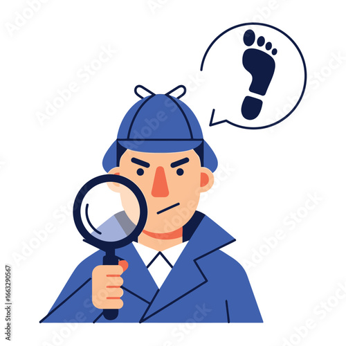 Mystery in the Detail: A determined detective, with magnifying glass in hand, contemplates a footprint, embodies the spirit of investigation and deduction.