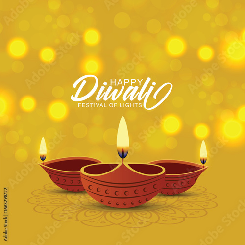 Happy Diwali festival greeting with three Diya lamps on glowing bokeh background 