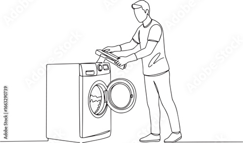 Line art illustration showcasing a man removing lint from a wash