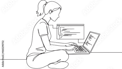 Minimalist line drawing of a woman programming on laptop with co
