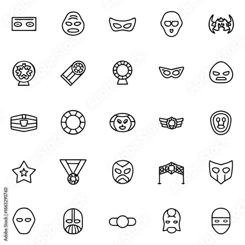 Collection of stylized superhero masks and symbols, showcasing heroic identity and power.