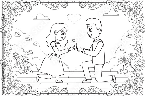 Outlined drawing of a marriage proposal scene with ornate frame