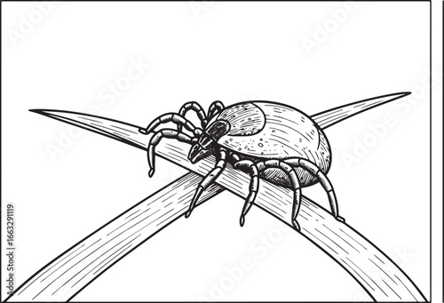 Detailed Black and White Illustration of a Tick on Grass Blades