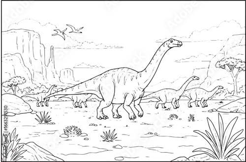 Plateosaurus herd venturing across prehistoric landscape monochr
