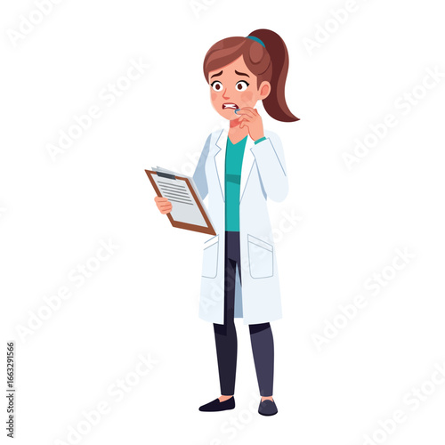 Medical Professional's Anxious Moment: A concerned female medical expert in a crisp lab coat appears thoughtful, clutching a clipboard filled with documents, revealing a moment of contemplation.