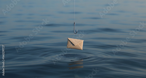 Conceptual Image of a Fishing Hook with an Envelope Baited over Water, Representing a Trap
