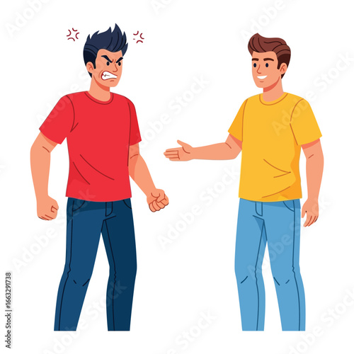 Confrontation and Negotiation: A visual representation of two figures in a conflict, one displaying anger, the other presenting a gesture of peace or negotiation.