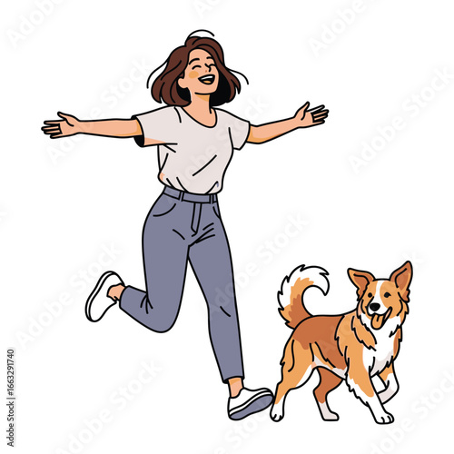 Joyful Reunion: A cheerful woman joyfully runs towards a happy dog, capturing the essence of a heartwarming reunion filled with love and happiness.