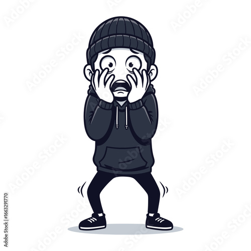 Shocked expression of Young Boy: A young boy is captured in an illustrative moment of stark fear and astonishment, clutching his face with hands and staring outward in sheer surprise.