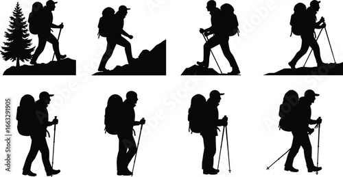 Hiker silhouettes with backpacks and trekking poles in various walking and climbing poses on different terrains outdoor adventure vector illustration design
