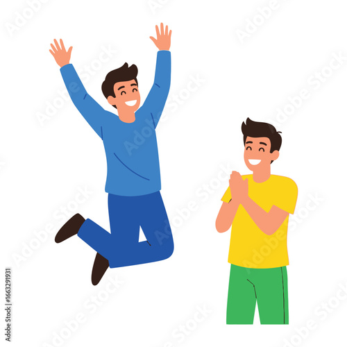 Joyful Celebration: A vibrant depiction of two individuals celebrating a shared achievement, one leaping with glee while the other applauds with enthusiastic encouragement. 