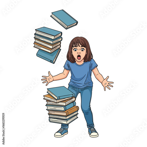 Overwhelmed by Books: A young girl is startled as a stack of books teeters, an artistic illustration of her surprise and the weight of knowledge or perhaps the joys of reading.