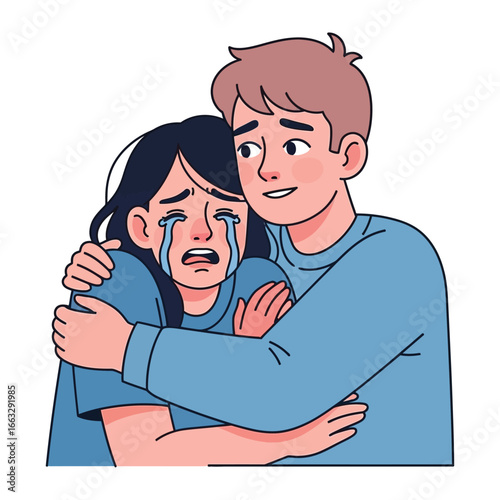 Comforting Embrace: A man tenderly embraces a tearful woman, symbolizing solace, support, and empathy in a moment of vulnerability.