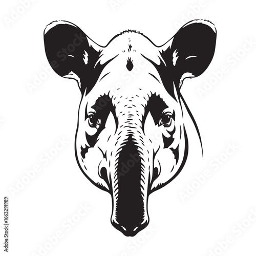 A detailed black and white vector illustration of a tapir's head, facing forward with prominent snout and ears.