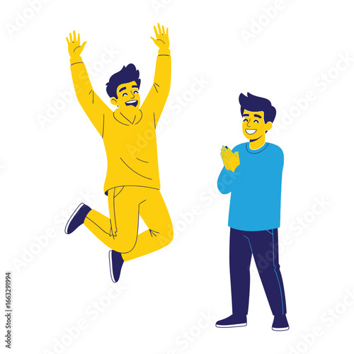 Excited Celebration: Joyful illustration of two figures in a moment of elation, perfect for conveying positive emotions and celebratory themes.