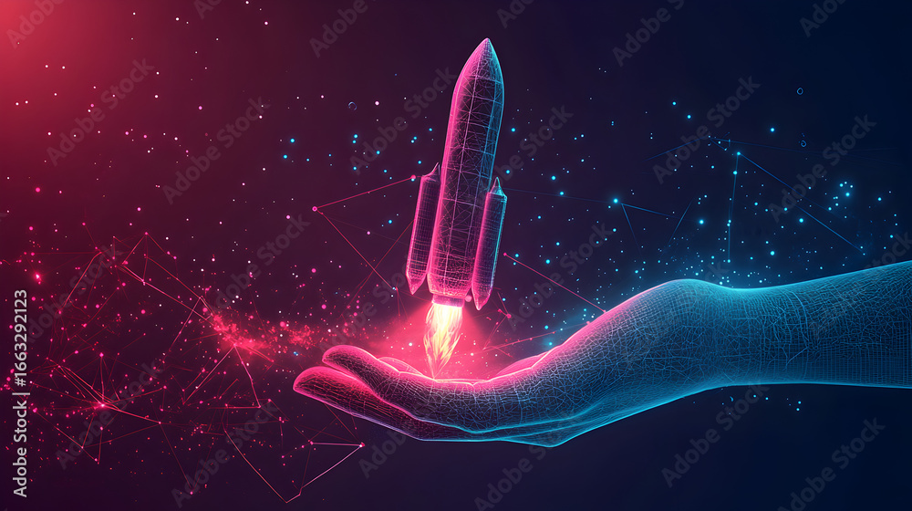 Naklejka premium Holographic rocket launch projection in a futuristic environment, symbolizing virtual reality, aerospace technology, innovation, science, and digital space exploration.