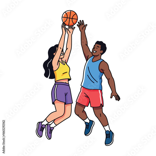 Dynamic Duo: A vibrant illustration captures the essence of sportsmanship, featuring a moment of friendly competition in a basketball game. Depicting two athletes reaching for the ball.