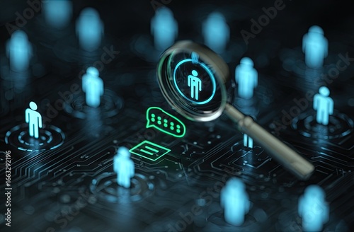 Magnifying glass focuses on a person icon among many, representing targeted communication on a digital network