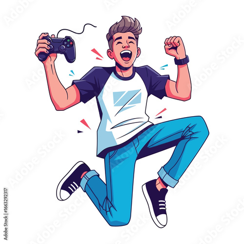 Gamer's Triumph: A young and enthusiastic gamer celebrates a victory with a gamepad in hand, his joy radiating with every jump, encapsulating the excitement of gaming triumph.
