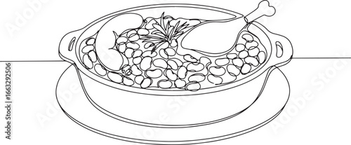 Elegant monochrome line drawing of traditional French cassoulet