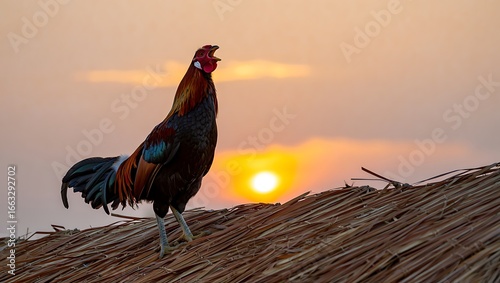 Rooster Crowing at Sunrise on a Thatch Roof