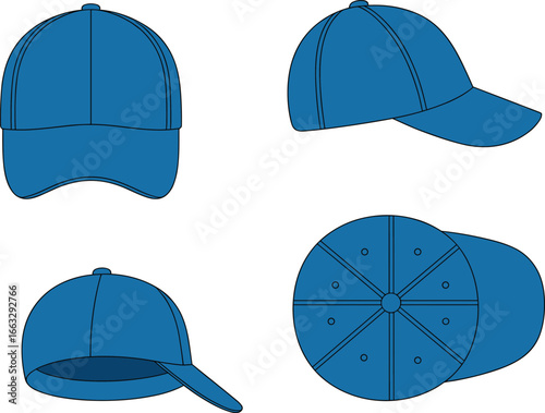 Baseball cap technical flat sketch, vector illustration of cap in four views, headwear design template, sports fashion accessory design