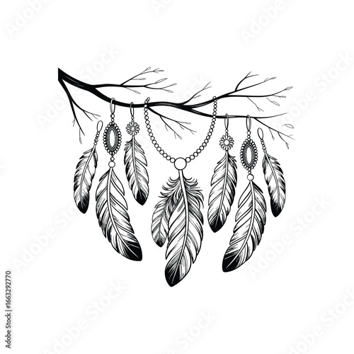 Dreamcatcher native american feather art hangs from tree branch bohemian style design white background