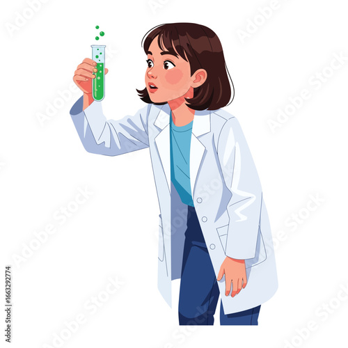 Intrigued Discovery: A scientist's eyes widen with a mixture of curiosity and wonder as she gazes upon a test tube filled with an intriguing green liquid, symbolizing the magic of science