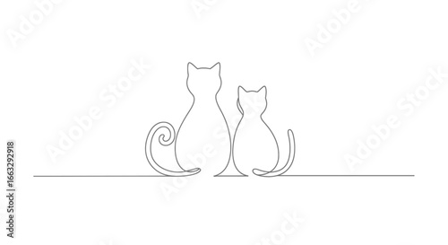 Elegant Continuous Line Art Illustration of Two Cats Sitting Together, Symbolizing Companionship and Affectionate Bond