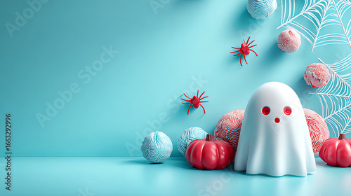 Creative Halloween decorations with cute ghost, pumpkins, and colorful yarn balls displayed on a bright blue background