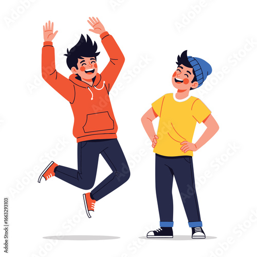 Youthful Elation: Two young boys are captured in a lively, dynamic illustration of joyous friendship, conveying youthful energy.