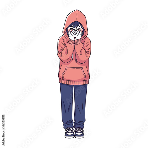Shy and modest emotion: A shy person with a hoodie and jeans covers the face with hands, is captured in this illustration, a symbolic representation of modesty and reserve.