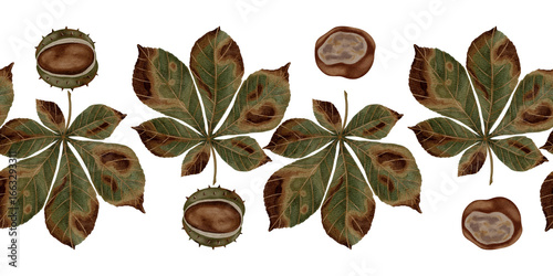 Hand-drawn watercolor seamless border with chestnuts and horse chestnut leaves. Autumn leaves. Suitable for books, packaging, cards and children's clothing, packaging design and textiles.