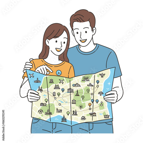 Travel Map Exploration: A smiling couple, immersed in a journey of discovery, points at the intricately detailed map, charting their path and anticipating new experiences ahead.