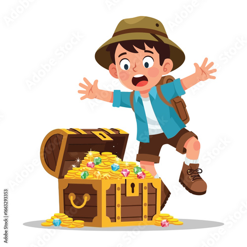 The Thrill of Discovery: A young explorer leaps in joyful amazement as he uncovers a treasure chest brimming with gold, capturing the pure spirit of adventure and the thrill of discovery.