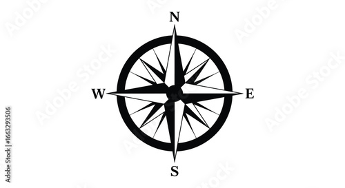 A black and white illustration of a compass with directional letters