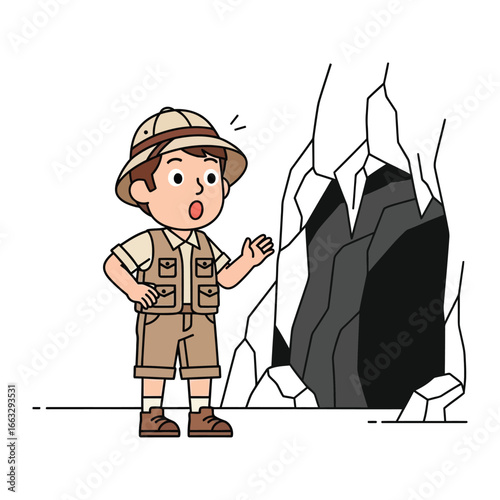 The Adventurer's Discovery: A young explorer, full of wonder, stands before a mysterious cave entrance, their gaze fixed upon the unknown.