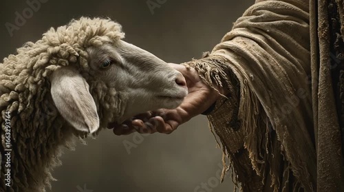 Jesus Christ hand reaching for lost lamb to save	
