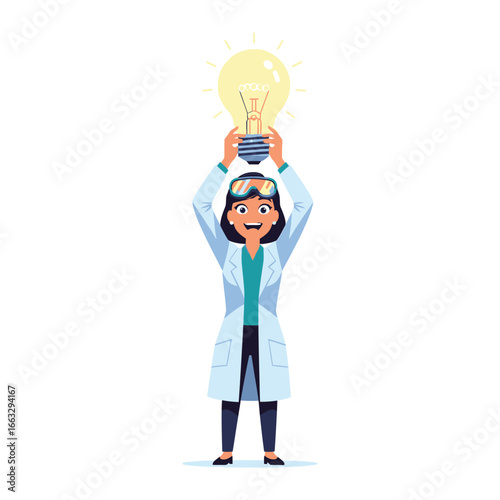 Illumination in Science: A female scientist, beaming with joy, triumphantly holds a radiant light bulb, symbolizing the power of innovation and scientific discovery.