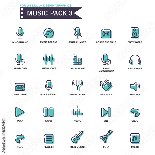 Music and audio icon set. Features icons for podcasts, streaming, instruments, and genres like rock and classical. Ideal for music apps, websites, and digital media projects.