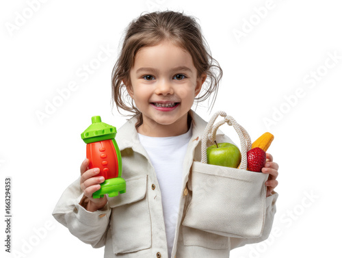 little girl with a bag of vegetables