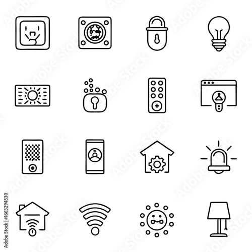 Collection of modern line icons for smart home technology and automation.