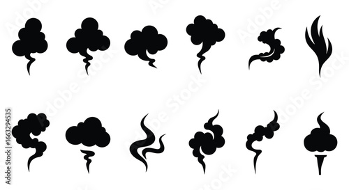 Collection of various black smoke and steam cloud silhouettes on white background