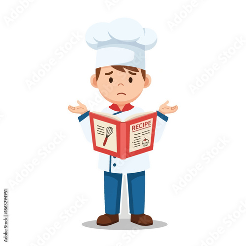 Chef's Recipe Confusion: A cartoon chef appears puzzled as he reads a recipe book, showcasing the challenges of cooking and the importance of proper instruction.