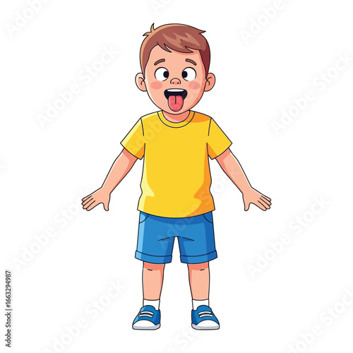 Joyful Boy: A delightful illustration captures the pure essence of childhood joy. A young boy stands with arms open, his tongue playfully sticking out, radiating cheerfulness and pure glee.