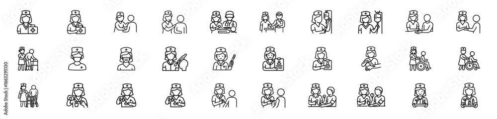 Naklejka premium set of nurse activates line icon and editable stock for Nurse Changing IV , Doctor and Nurse Collaboration , Nurse Comforting Patient ,Nurse with First Aid , Nurse Applying Bandage and more 