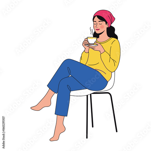 Serene Moment of Tea: A woman gracefully sits on a chair, enjoying a cup of tea. The scene evokes tranquility and simple pleasures.