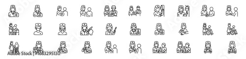 set of nurse activates line icon and editable stock for Nurse Changing IV , Doctor and Nurse Collaboration , Nurse Comforting Patient ,Nurse with First Aid , Nurse Applying Bandage and more 